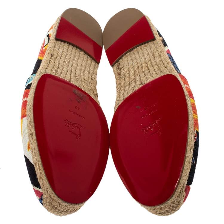 Pre Owned Christian Louboutin Multicolor Canvas Gala Embroidered Crest Espadrille Loafers Size 40