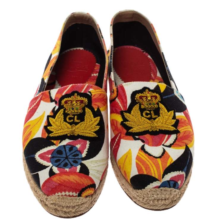 Pre Owned Christian Louboutin Multicolor Canvas Gala Embroidered Crest Espadrille Loafers Size 40