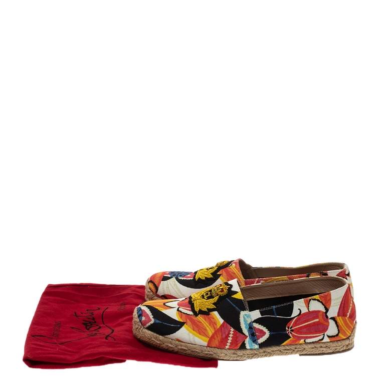 Pre Owned Christian Louboutin Multicolor Canvas Gala Embroidered Crest Espadrille Loafers Size 40
