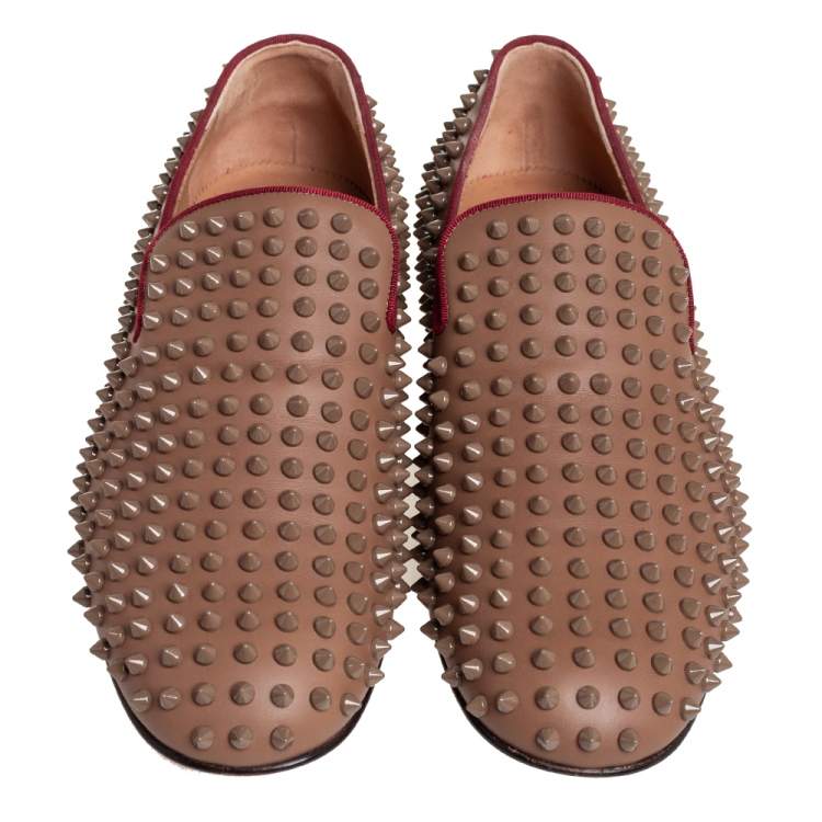 Pre Owned Christian Louboutin Brown Studded Rollerboy Spike Smoking Slippers Size 42