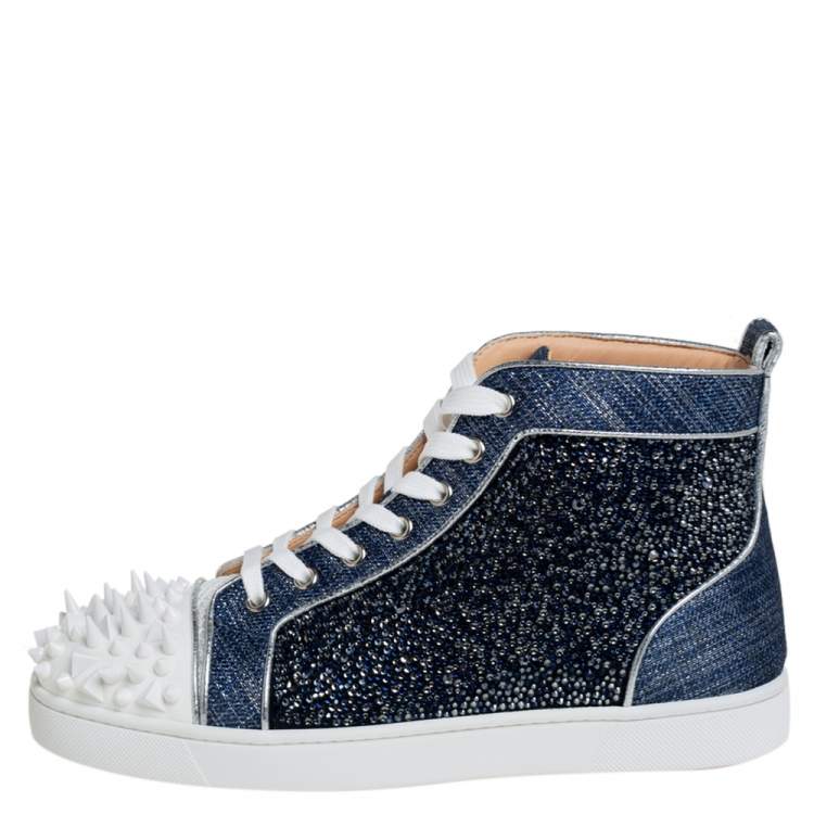 Christian Louboutin Men's Louis Spikes Flat High-Top Sneakers Mesh, Suede, and Studded Leather White