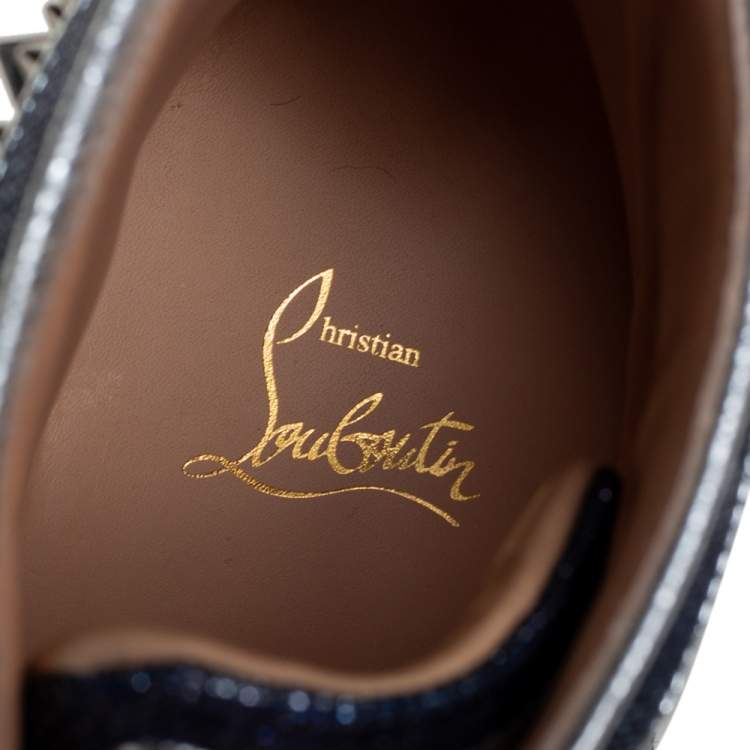 Pre Owned Christian Louboutin Denim Blue Silver White Lou Degra Spikes Studded Hi High Top Sneakers Size 40