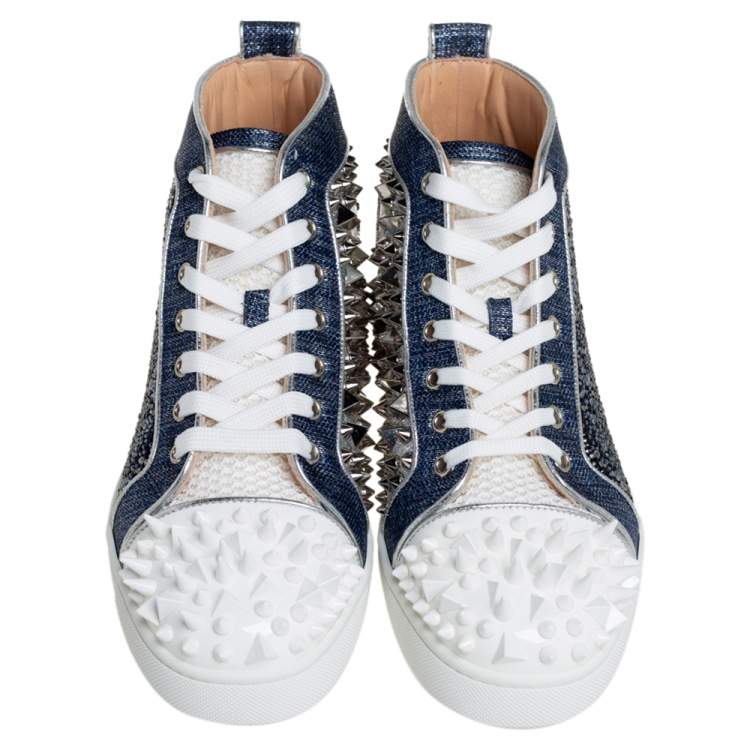 Pre Owned Christian Louboutin Denim Blue Silver White Lou Degra Spikes Studded Hi High Top Sneakers Size 40