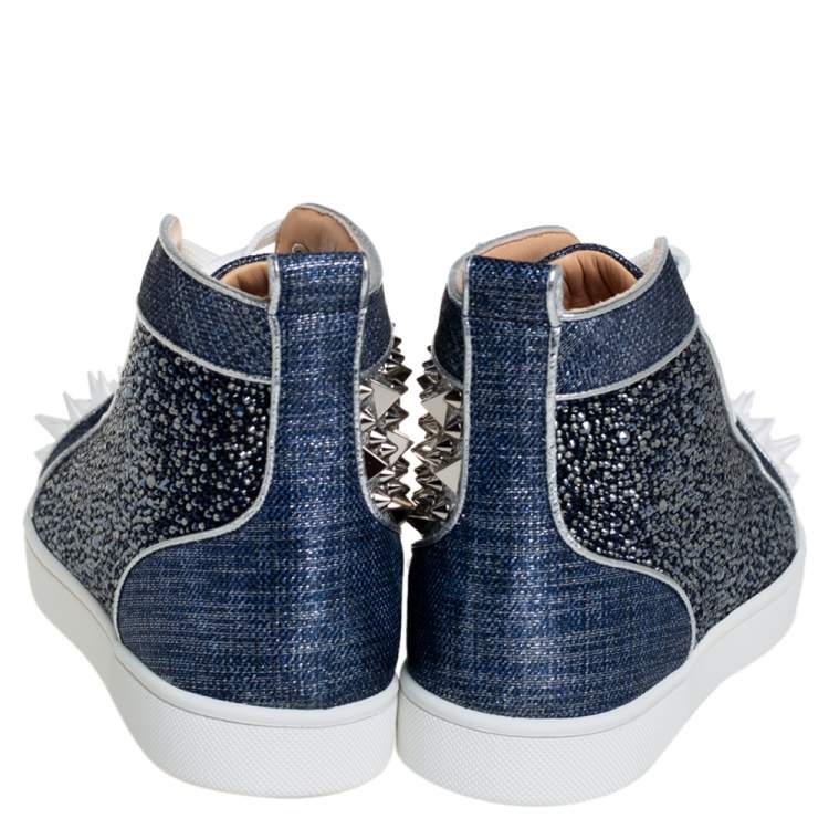 Pre Owned Christian Louboutin Denim Blue Silver White Lou Degra Spikes Studded Hi High Top Sneakers Size 40