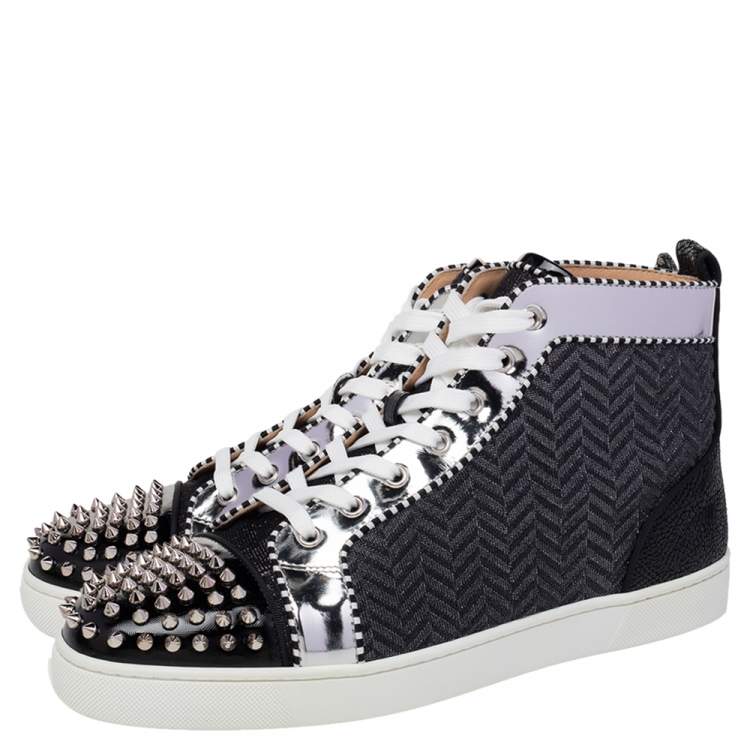 Pre Owned Christian Louboutin Black/Silver Leather And Woven Fabric Spikes Orlato Flat Sneakers Size 44.5