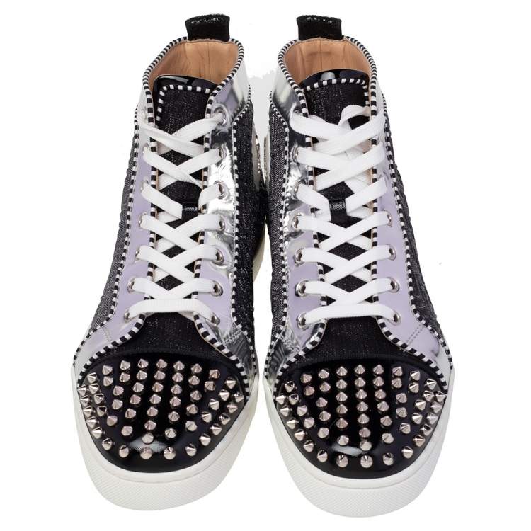 Pre Owned Christian Louboutin Black/Silver Leather And Woven Fabric Spikes Orlato Flat Sneakers Size 44.5