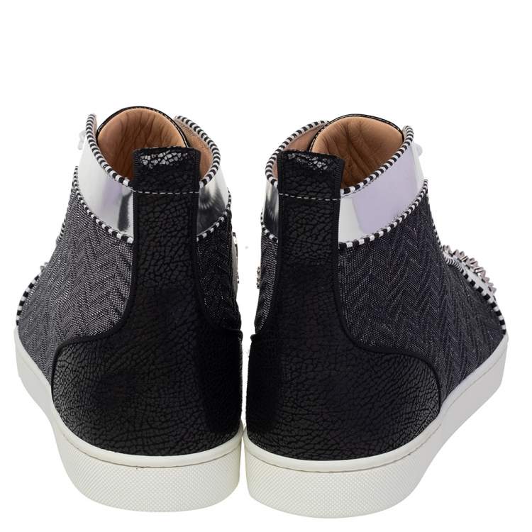 Pre Owned Christian Louboutin Black/Silver Leather And Woven Fabric Spikes Orlato Flat Sneakers Size 44.5