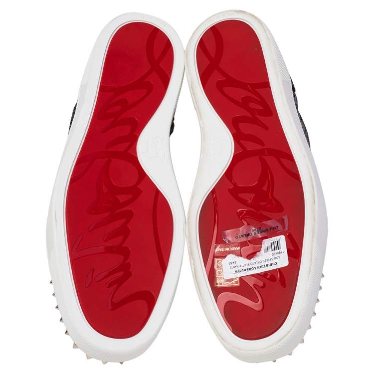 Pre Owned Christian Louboutin Black/Silver Leather And Woven Fabric Spikes Orlato Flat Sneakers Size 44.5