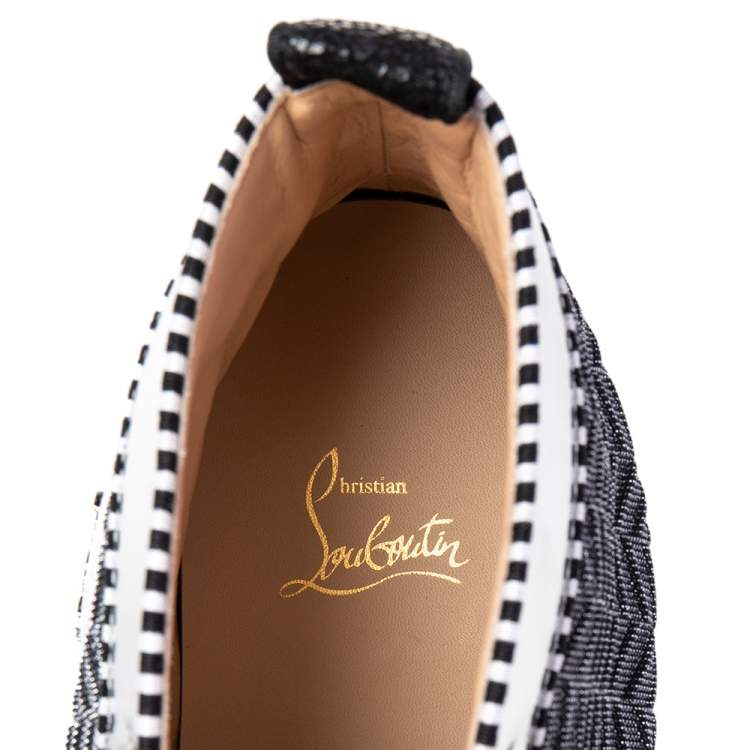 Pre Owned Christian Louboutin Black/Silver Leather And Woven Fabric Spikes Orlato Flat Sneakers Size 44.5