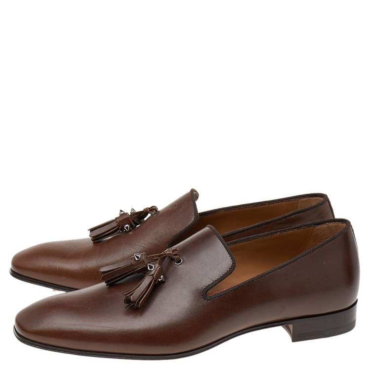 Pre Owned  Christian Louboutin Brown Leather Dandelion Spiked Tassel Loafers Size 40