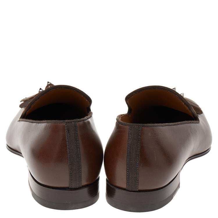 Pre Owned  Christian Louboutin Brown Leather Dandelion Spiked Tassel Loafers Size 40
