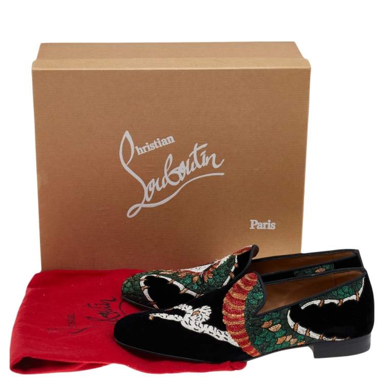 Pre Owned Christian Louboutin  Black Dragon Print Velvet Henri Tattoo Slip on Loafers Size 41.5