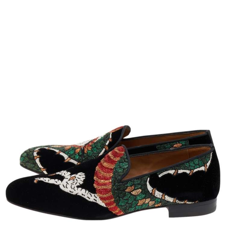 Pre Owned Christian Louboutin  Black Dragon Print Velvet Henri Tattoo Slip on Loafers Size 41.5