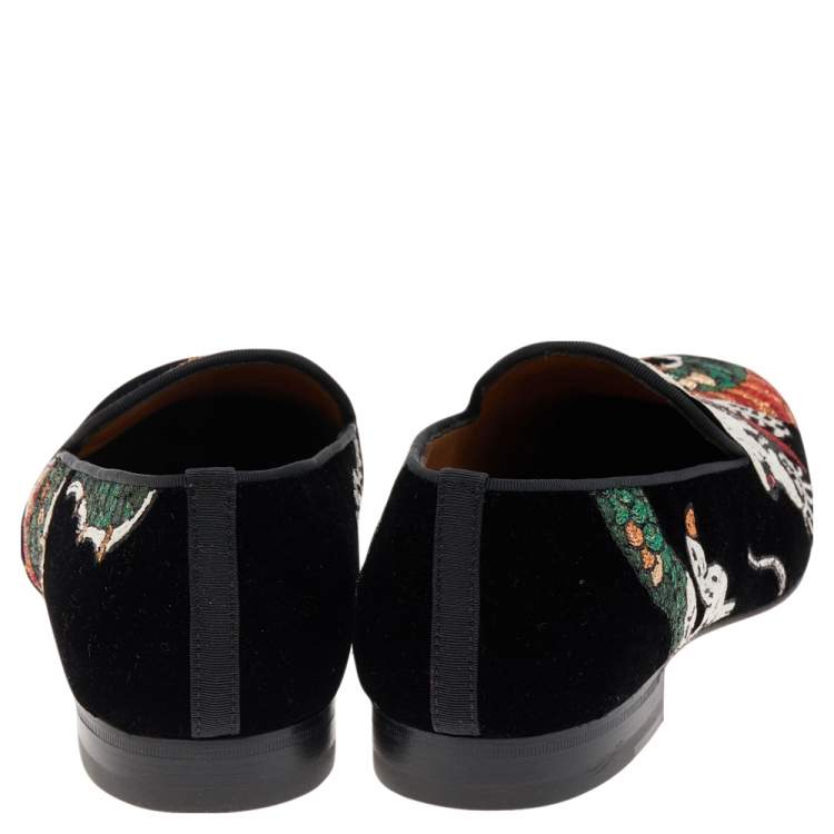 Pre Owned Christian Louboutin  Black Dragon Print Velvet Henri Tattoo Slip on Loafers Size 41.5