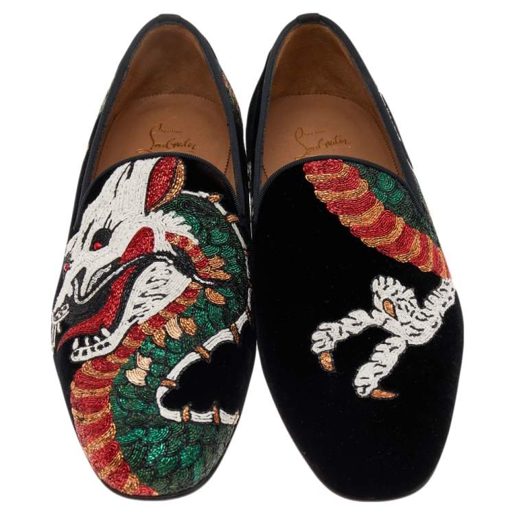 Pre Owned Christian Louboutin  Black Dragon Print Velvet Henri Tattoo Slip on Loafers Size 41.5