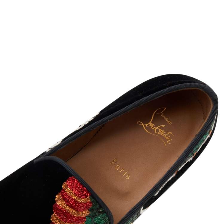 Pre Owned Christian Louboutin  Black Dragon Print Velvet Henri Tattoo Slip on Loafers Size 41.5