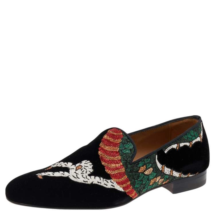 Pre Owned Christian Louboutin  Black Dragon Print Velvet Henri Tattoo Slip on Loafers Size 41.5