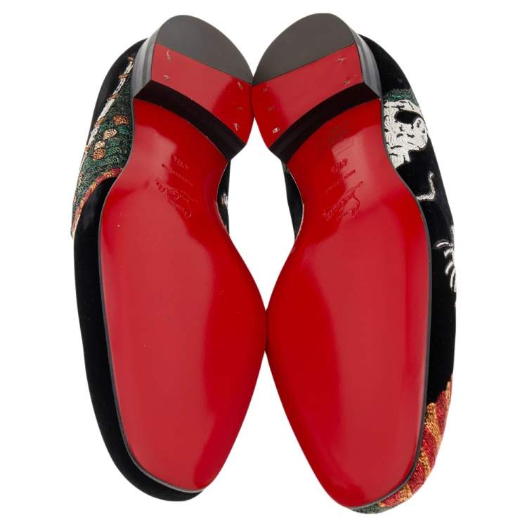 Pre Owned Christian Louboutin  Black Dragon Print Velvet Henri Tattoo Slip on Loafers Size 41.5
