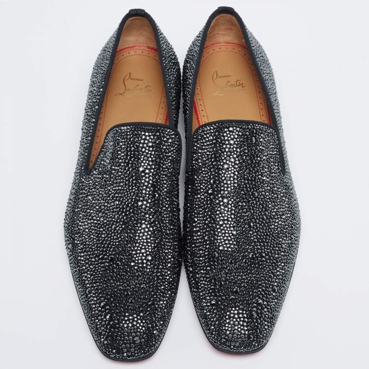 Pre Owned Christian Louboutin Black Suede Dandelion Strass Smoking Slippers Size 41.5