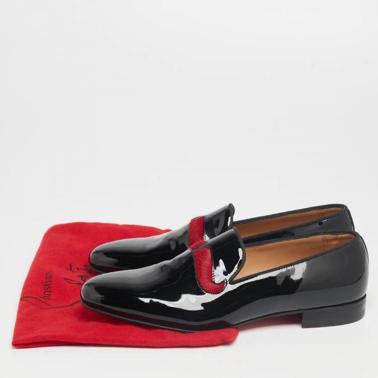 Pre Owned Christian Louboutin Black/Red Patent Leather and Calf Hair Mustache Smoking Slippers Size 43