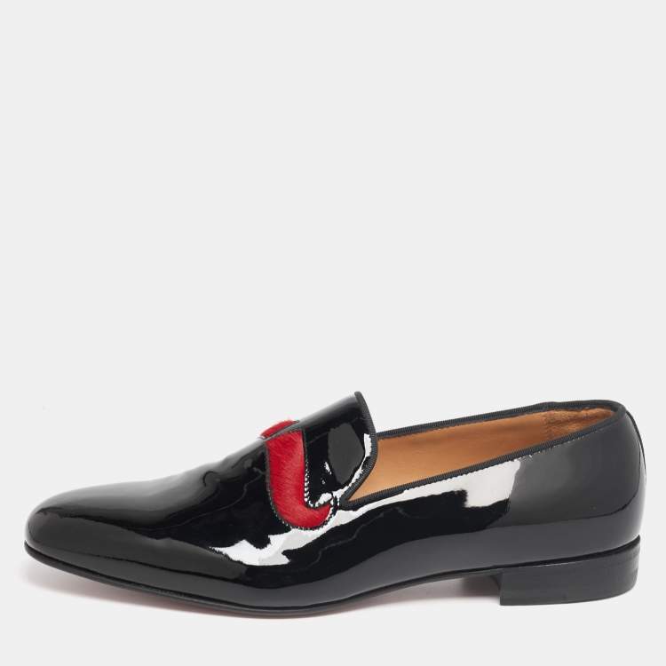 Pre Owned Christian Louboutin Black/Red Patent Leather and Calf Hair Mustache Smoking Slippers Size 43