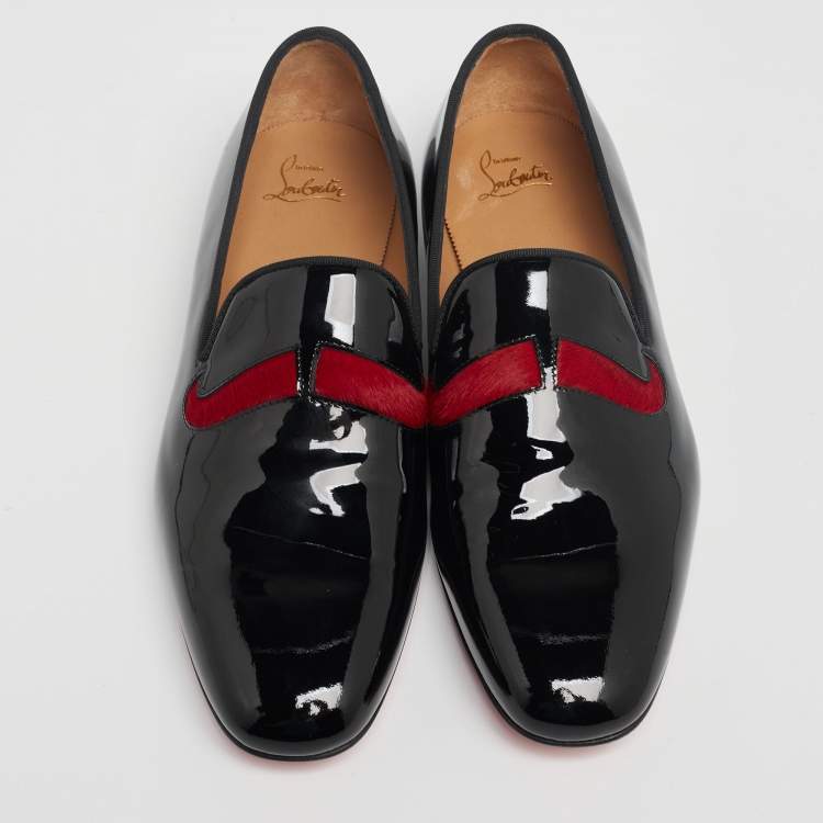 Pre Owned Christian Louboutin Black/Red Patent Leather and Calf Hair Mustache Smoking Slippers Size 43