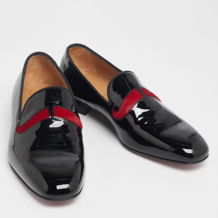 Pre Owned Christian Louboutin Black/Red Patent Leather and Calf Hair Mustache Smoking Slippers Size 43
