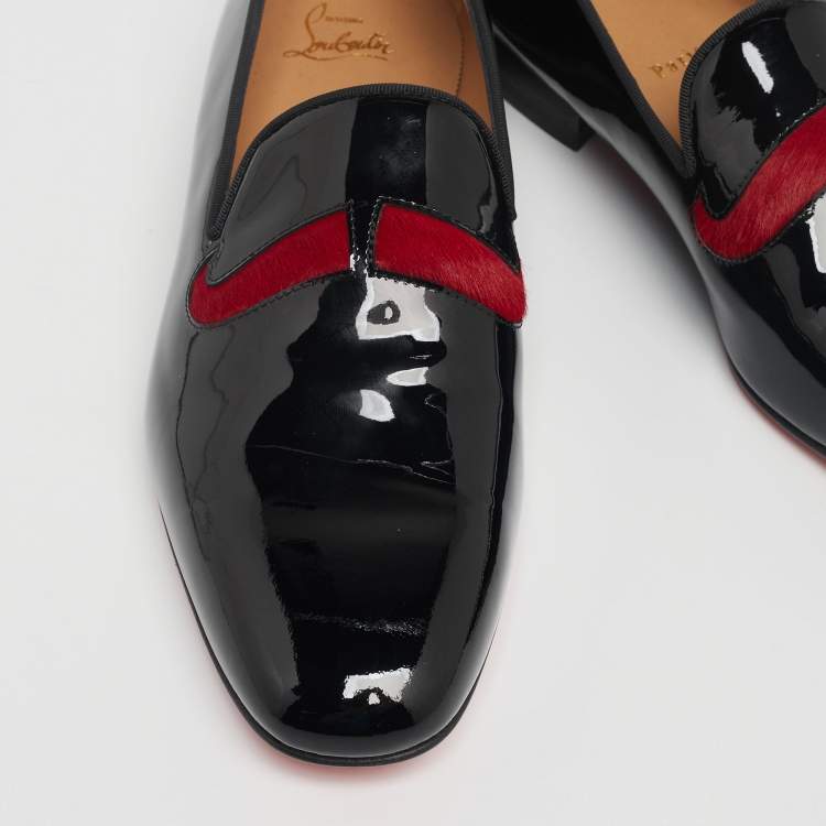 Pre Owned Christian Louboutin Black/Red Patent Leather and Calf Hair Mustache Smoking Slippers Size 43