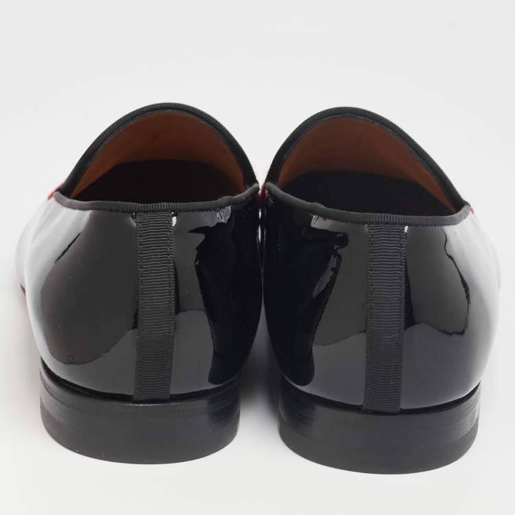 Pre Owned Christian Louboutin Black/Red Patent Leather and Calf Hair Mustache Smoking Slippers Size 43