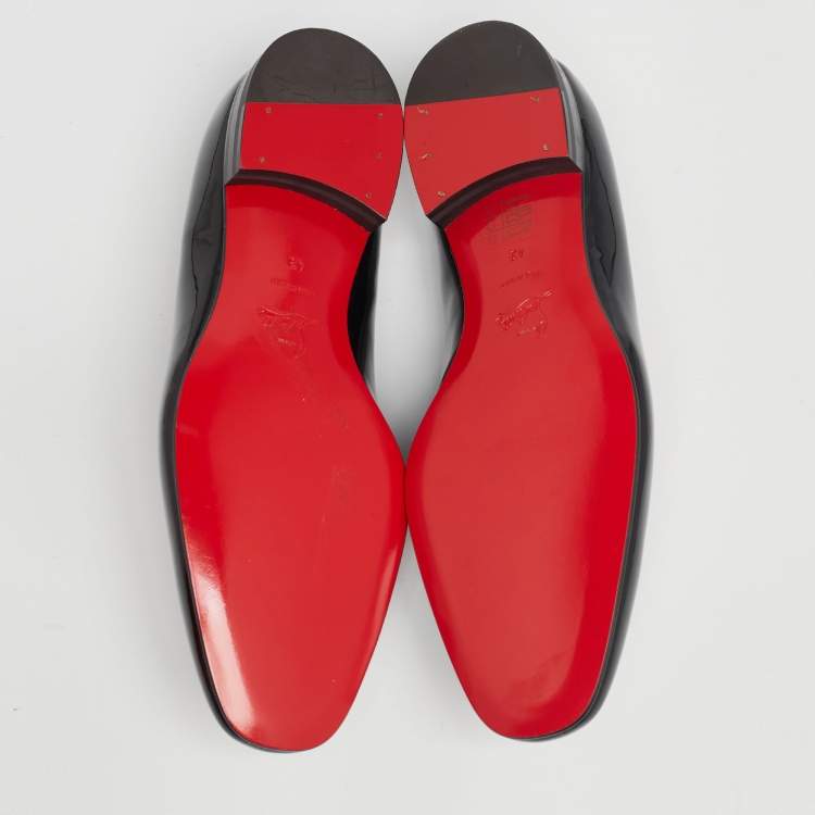 Pre Owned Christian Louboutin Black/Red Patent Leather and Calf Hair Mustache Smoking Slippers Size 43