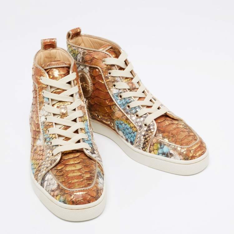 Pre Owned Christian Louboutin Metallic Mustard/Brown Python Leather Rantus Orlato High-Top Sneakers Size 40
