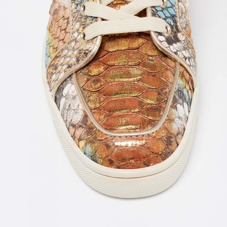 Pre Owned Christian Louboutin Metallic Mustard/Brown Python Leather Rantus Orlato High-Top Sneakers Size 40