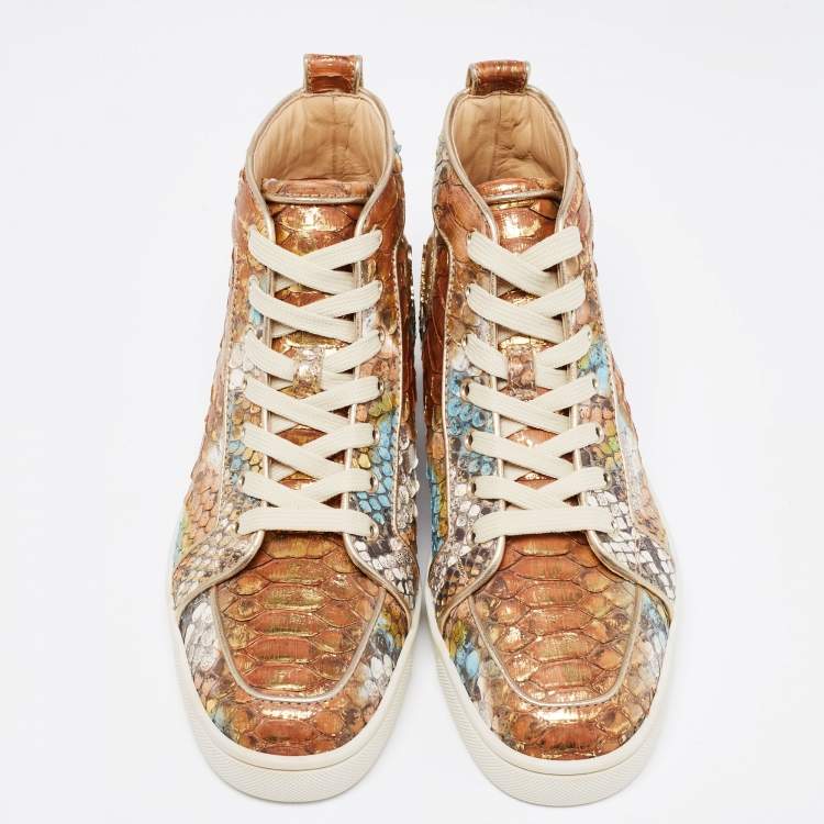 Pre Owned Christian Louboutin Metallic Mustard/Brown Python Leather Rantus Orlato High-Top Sneakers Size 40