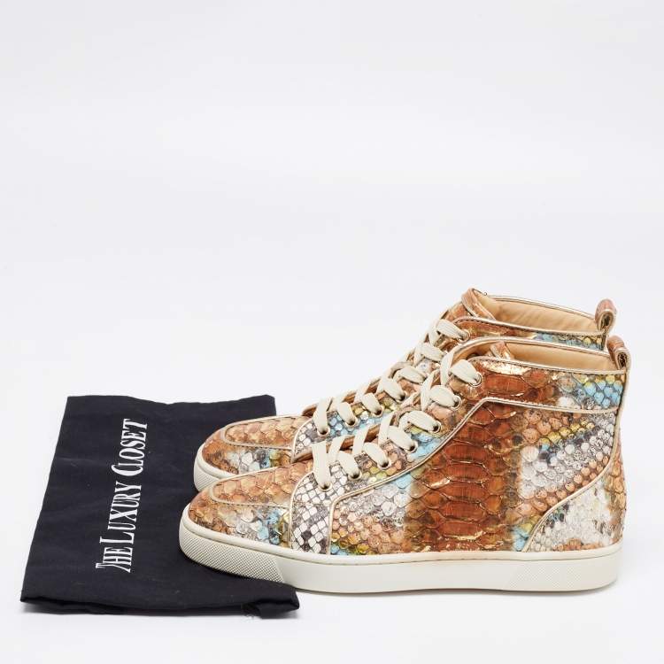 Pre Owned Christian Louboutin Metallic Mustard/Brown Python Leather Rantus Orlato High-Top Sneakers Size 40