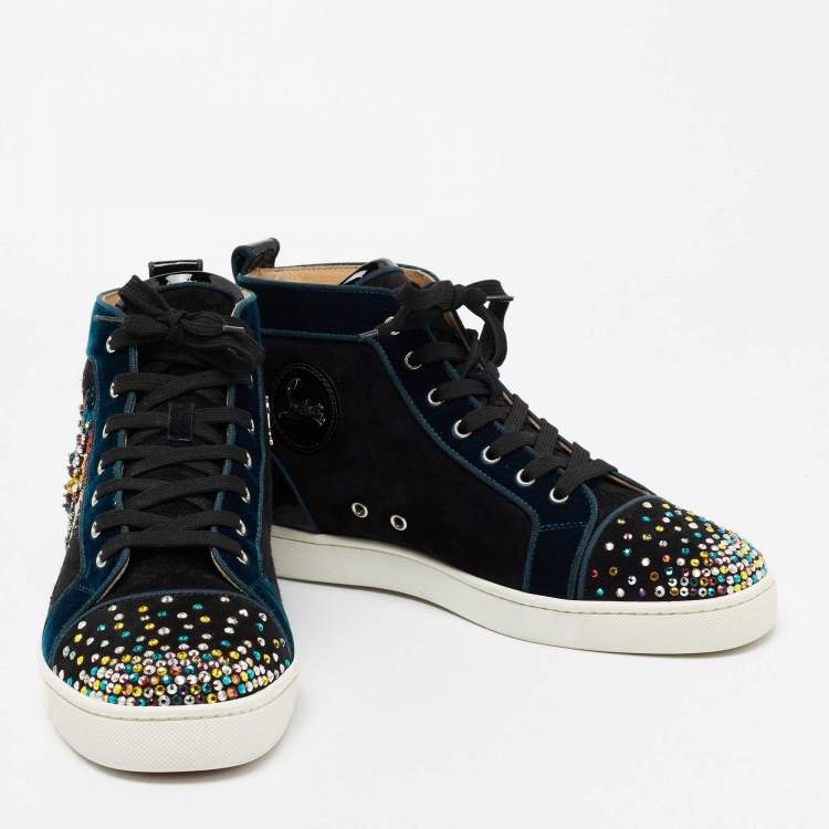 Pre Owned Christian Louboutin Black/Blue Suede, Velvet and Patent Leather Louis on Fire Fireworks High-Top Sneakers Size 43