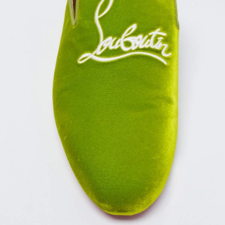 Pre Owned Christian Louboutin Green Logo Embroidered Velvet Coolito Flat Mules Size 46