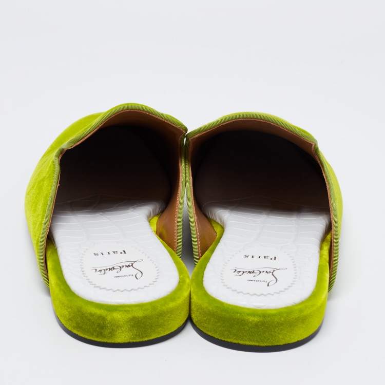 Pre Owned Christian Louboutin Green Logo Embroidered Velvet Coolito Flat Mules Size 46