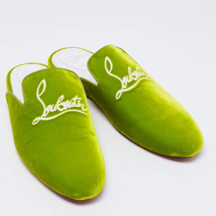 Pre Owned Christian Louboutin Green Logo Embroidered Velvet Coolito Flat Mules Size 46