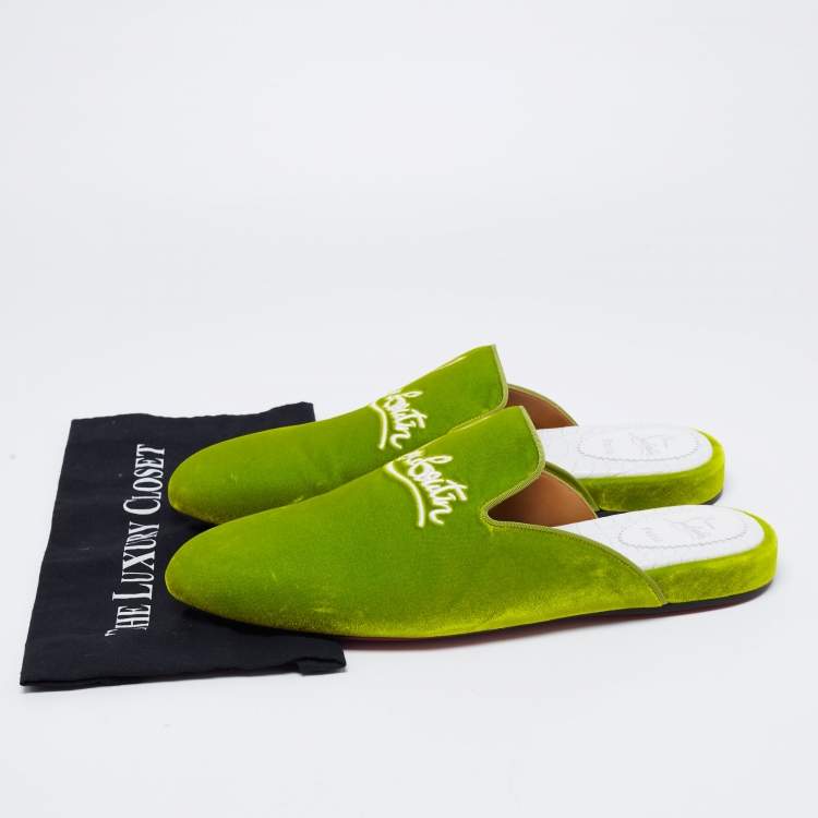 Pre Owned Christian Louboutin Green Logo Embroidered Velvet Coolito Flat Mules Size 46