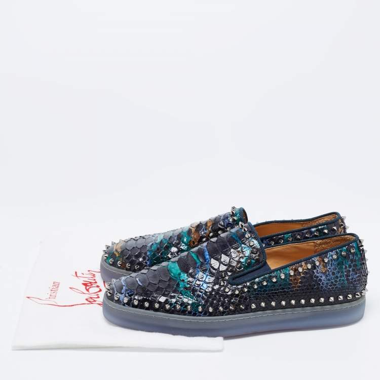 Pre Owned Christian Louboutin Multicolor Python Leather Spiked Pik Boat Slip On Sneakers Size 44