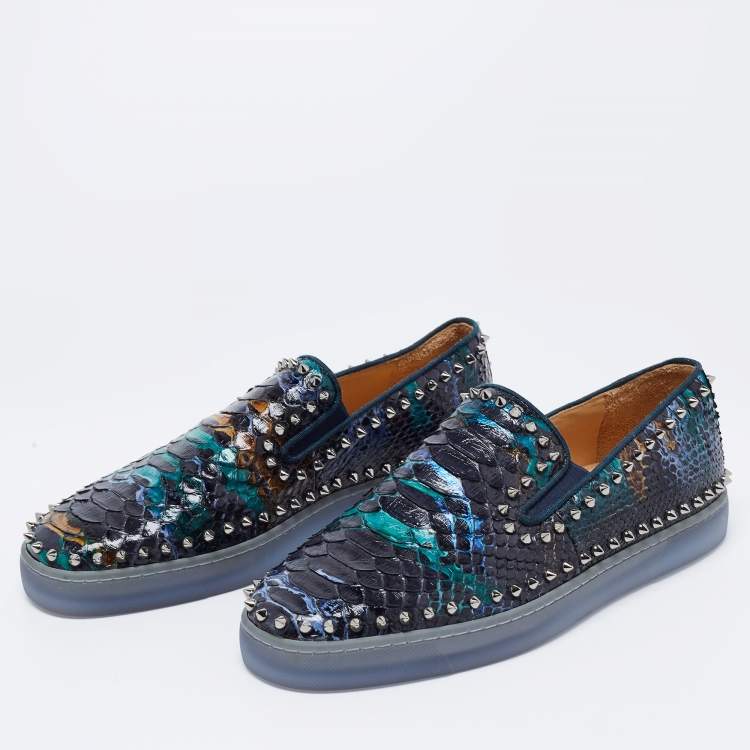 Pre Owned Christian Louboutin Multicolor Python Leather Spiked Pik Boat Slip On Sneakers Size 44