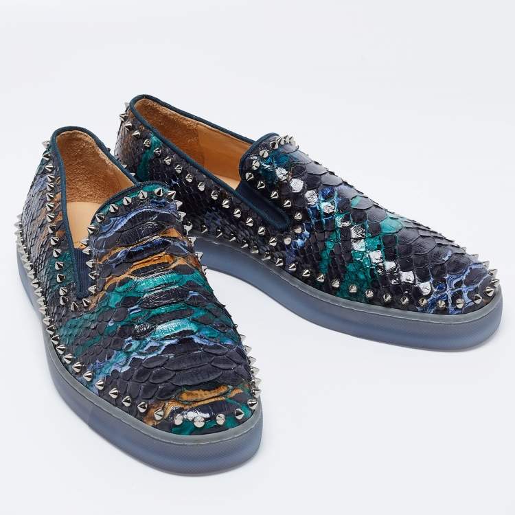 Pre Owned Christian Louboutin Multicolor Python Leather Spiked Pik Boat Slip On Sneakers Size 44