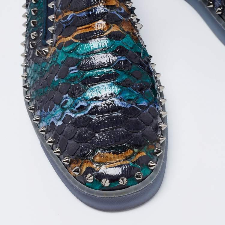 Pre Owned Christian Louboutin Multicolor Python Leather Spiked Pik Boat Slip On Sneakers Size 44
