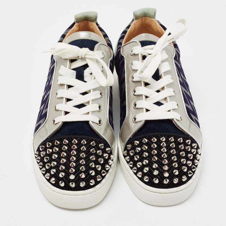 Pre Owned Christian Louboutin Multicolor Zig Zag Fabric, Leather and Suede Louis Junior Spikes Low-To Sneakers Size 42  