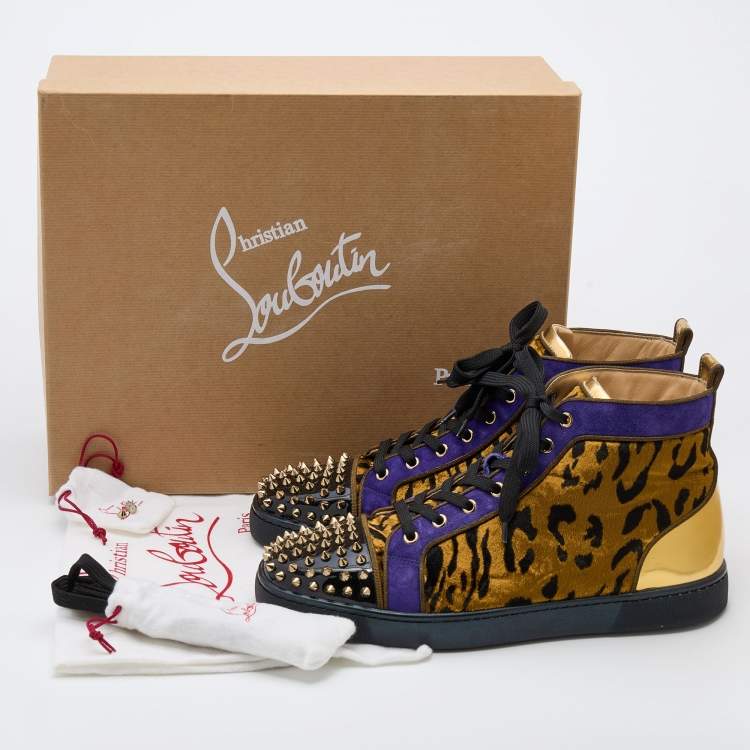 Pre Owned Christian Louboutin Multicolor Leather and Animal Print Fabric Lou Spikes Sneakers Size 43.5
