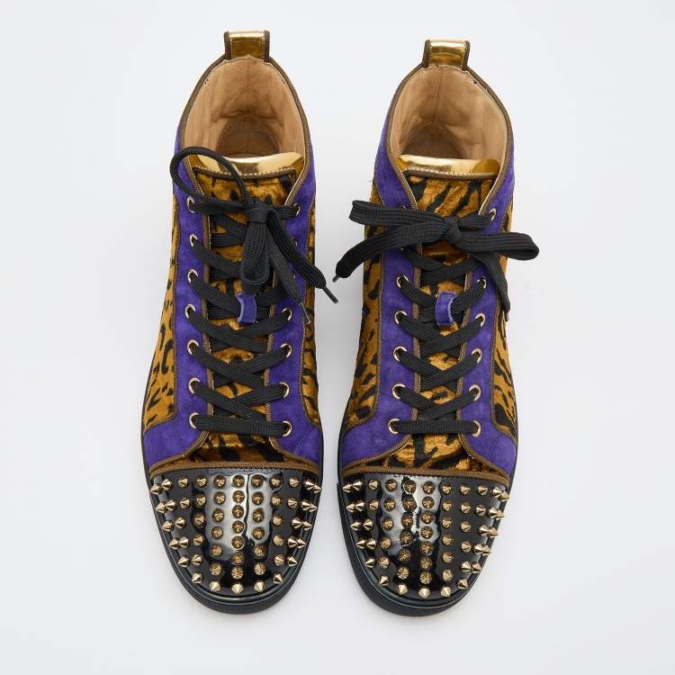 Pre Owned Christian Louboutin Multicolor Leather and Animal Print Fabric Lou Spikes Sneakers Size 43.5