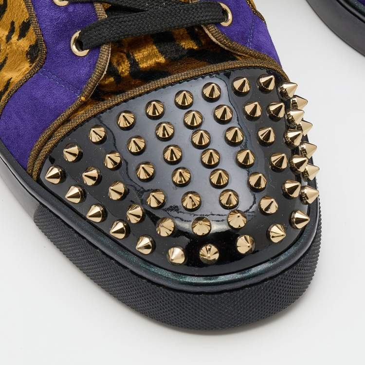 Pre Owned Christian Louboutin Multicolor Leather and Animal Print Fabric Lou Spikes Sneakers Size 43.5