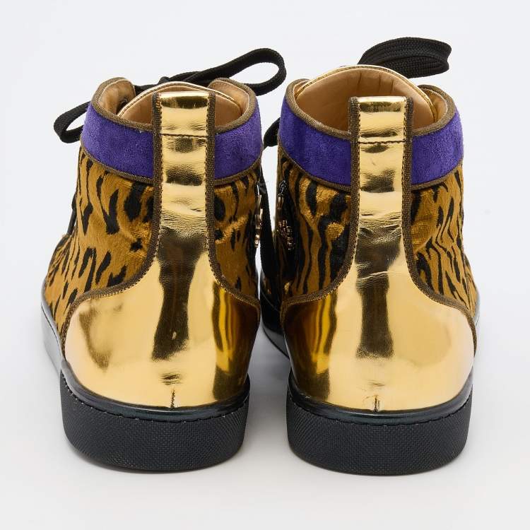 Pre Owned Christian Louboutin Multicolor Leather and Animal Print Fabric Lou Spikes Sneakers Size 43.5