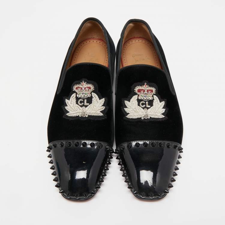 Pre Owned Christian Louboutin Black/Navy Blue Velvet Captain Loubi Loafers Size 40