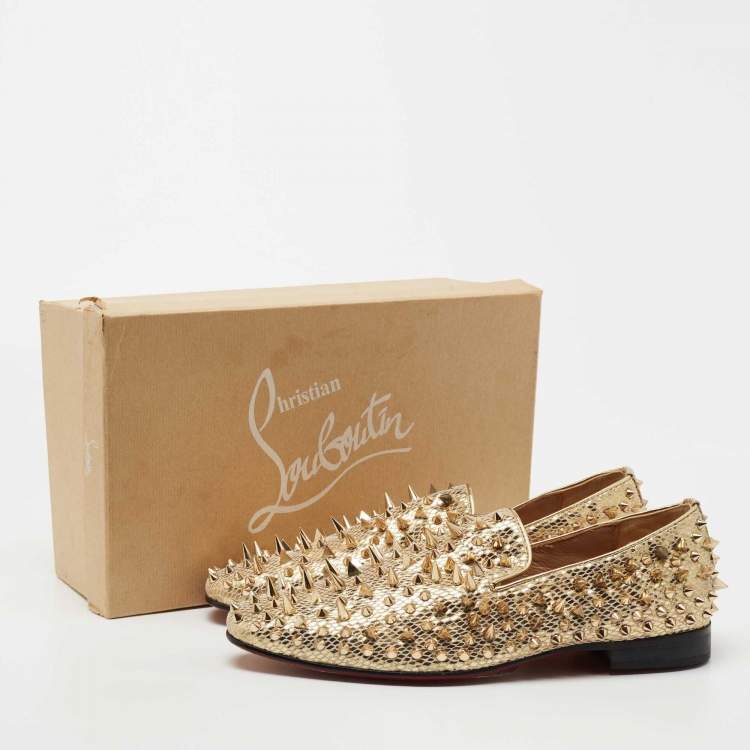Pre Owned Christian Louboutin  Gold Suede Rollerboy Spikes Loafers Size 43